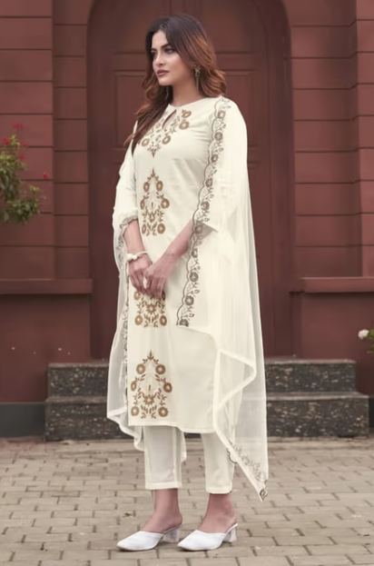 Women Off White Rayon Slub Keyhole Neck Kurta with Pant and Dupatta