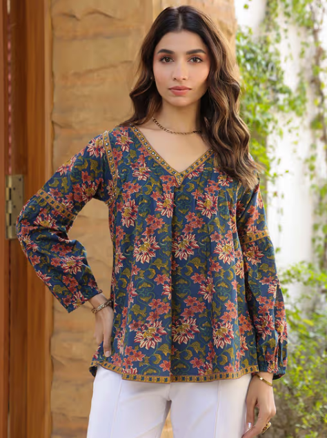 Blue Floral Printed V-Neck Pintuck Cotton Top