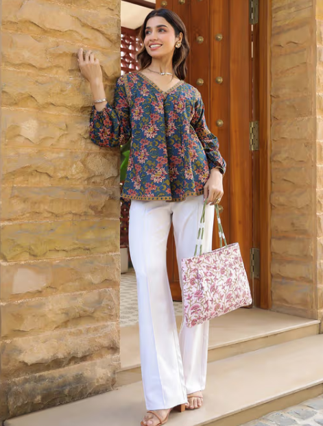 Blue Floral Printed V-Neck Pintuck Cotton Top